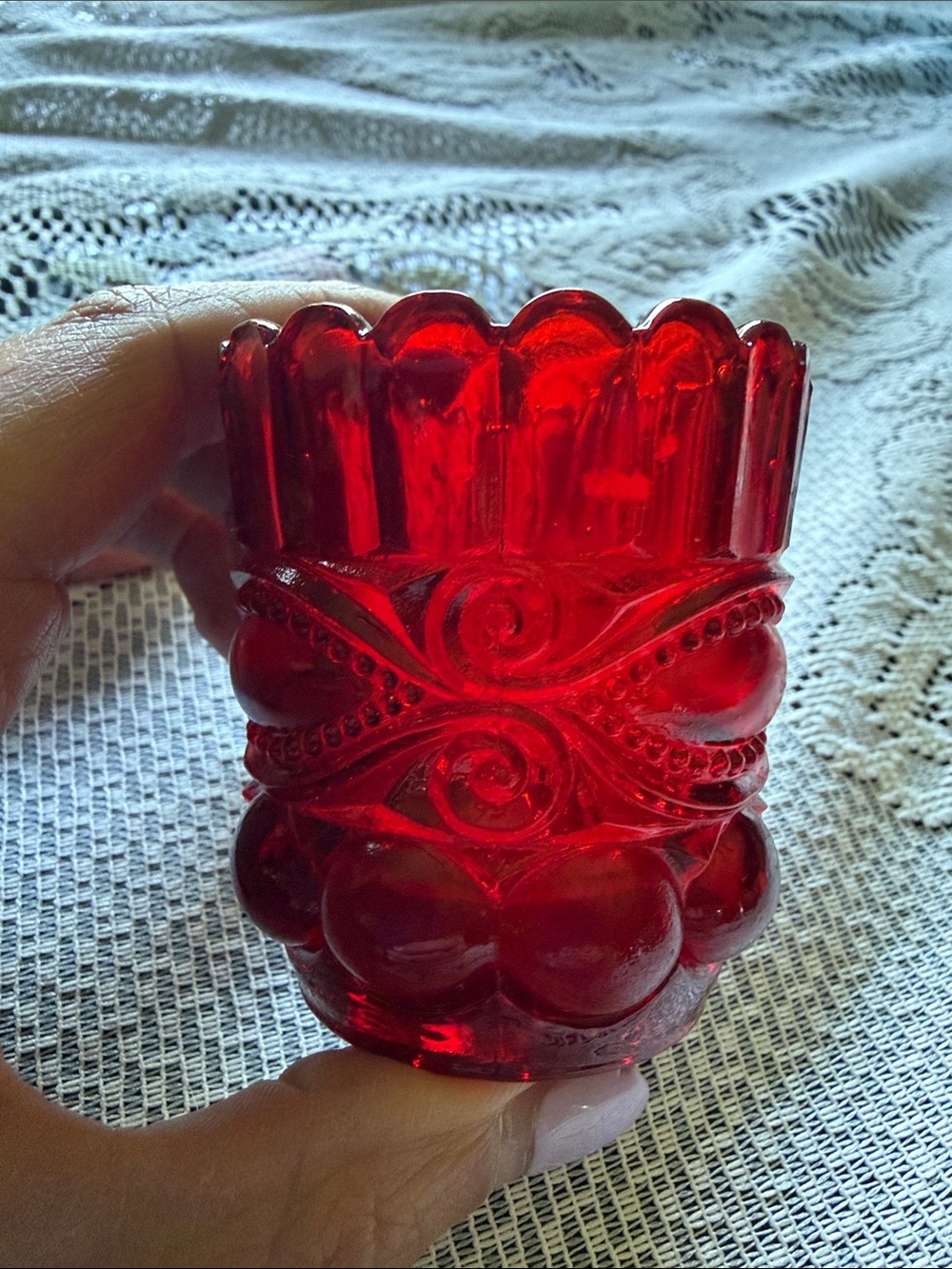 VTG Mosser (Ohio) Eye Winker Red Vaseline Glass Toothpick Holder